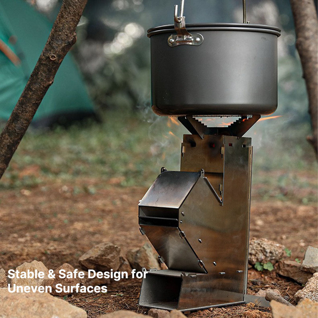 Durable camping rocket stove, perfect for bushcraft and backpacking cooking