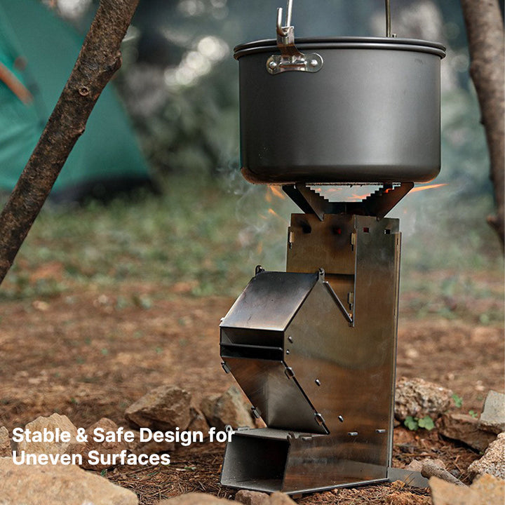 Durable camping rocket stove, perfect for bushcraft and backpacking cooking
