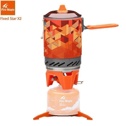 Portable camping stove with heat exchanger pot, ideal for outdoor cooking and backpacking.