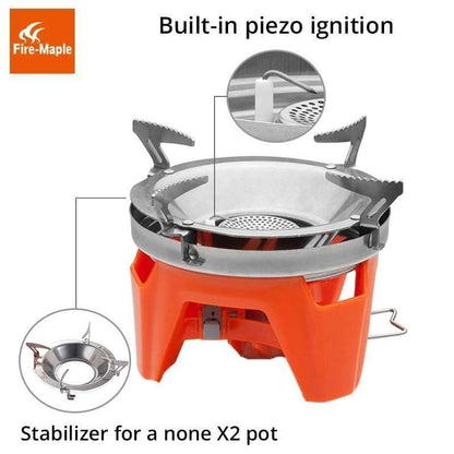 Hiking gear: lightweight camping stove with efficient heat exchanger pot system.