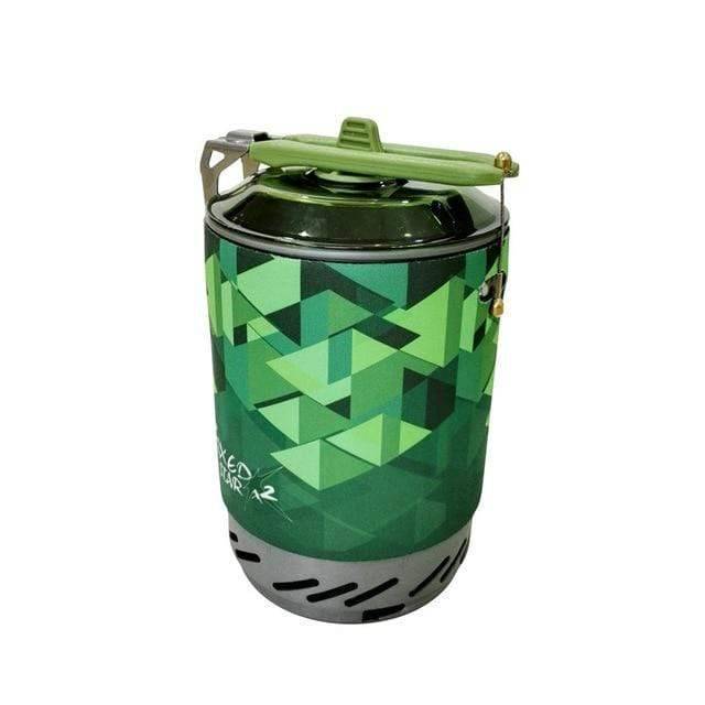 Close-up of portable camping stove burner and heat exchanger pot base.
