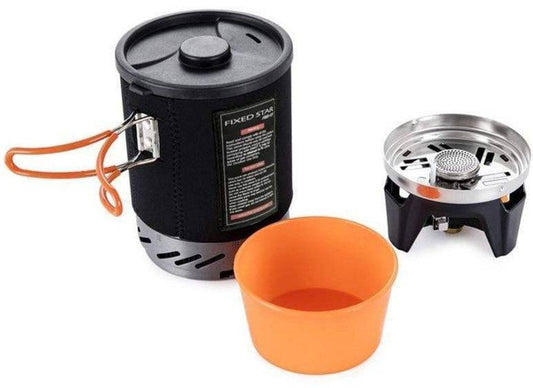 Portable camping stove with heat exchanger pot system, ideal for backpacking & outdoor cooking