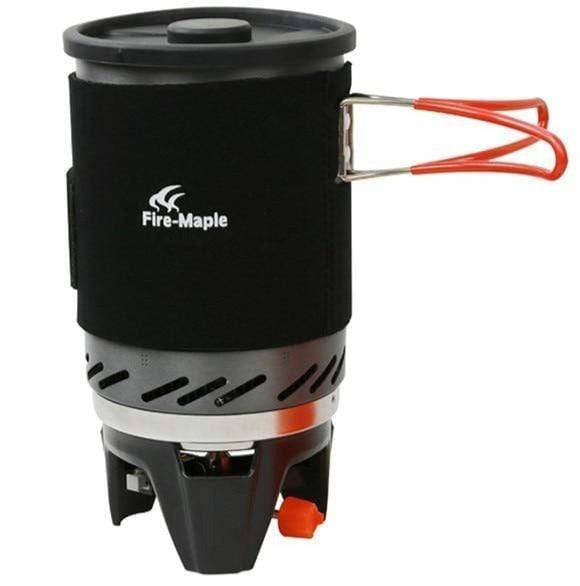 Compact outdoor cooking stove featuring integrated pot with heat exchanger for efficient camp kitchen