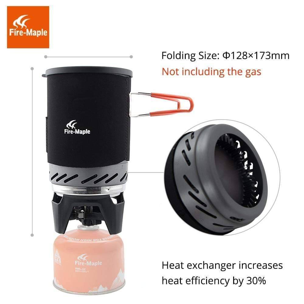 Backpacking stove with orange pot, heat exchanger, and burner unit for survival gear & camping
