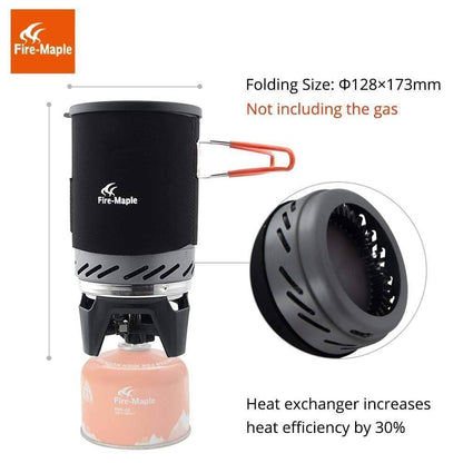 Backpacking stove with orange pot, heat exchanger, and burner unit for survival gear & camping