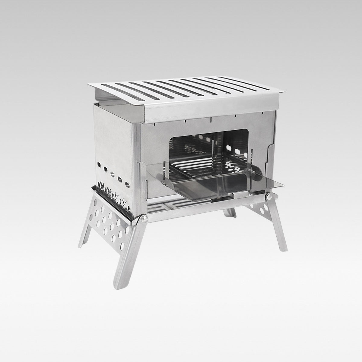 Portable camping wood stove, lightweight for outdoor cooking & grilling, ideal for backpacking & survival.