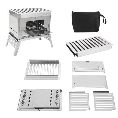 Durable metal portable wood stove with intricate design, ideal for efficient outdoor cooking and grilling.