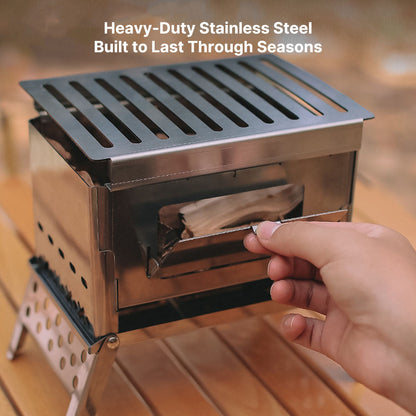 Lightweight portable wood stove, disassembled for easy transport, essential for camping and backpacking.