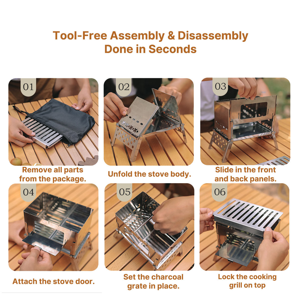 Outdoor cooking grill attached to a portable wood burning stove, a versatile camping and survival gear.