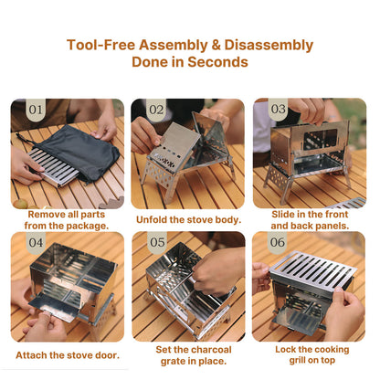Outdoor cooking grill attached to a portable wood burning stove, a versatile camping and survival gear.