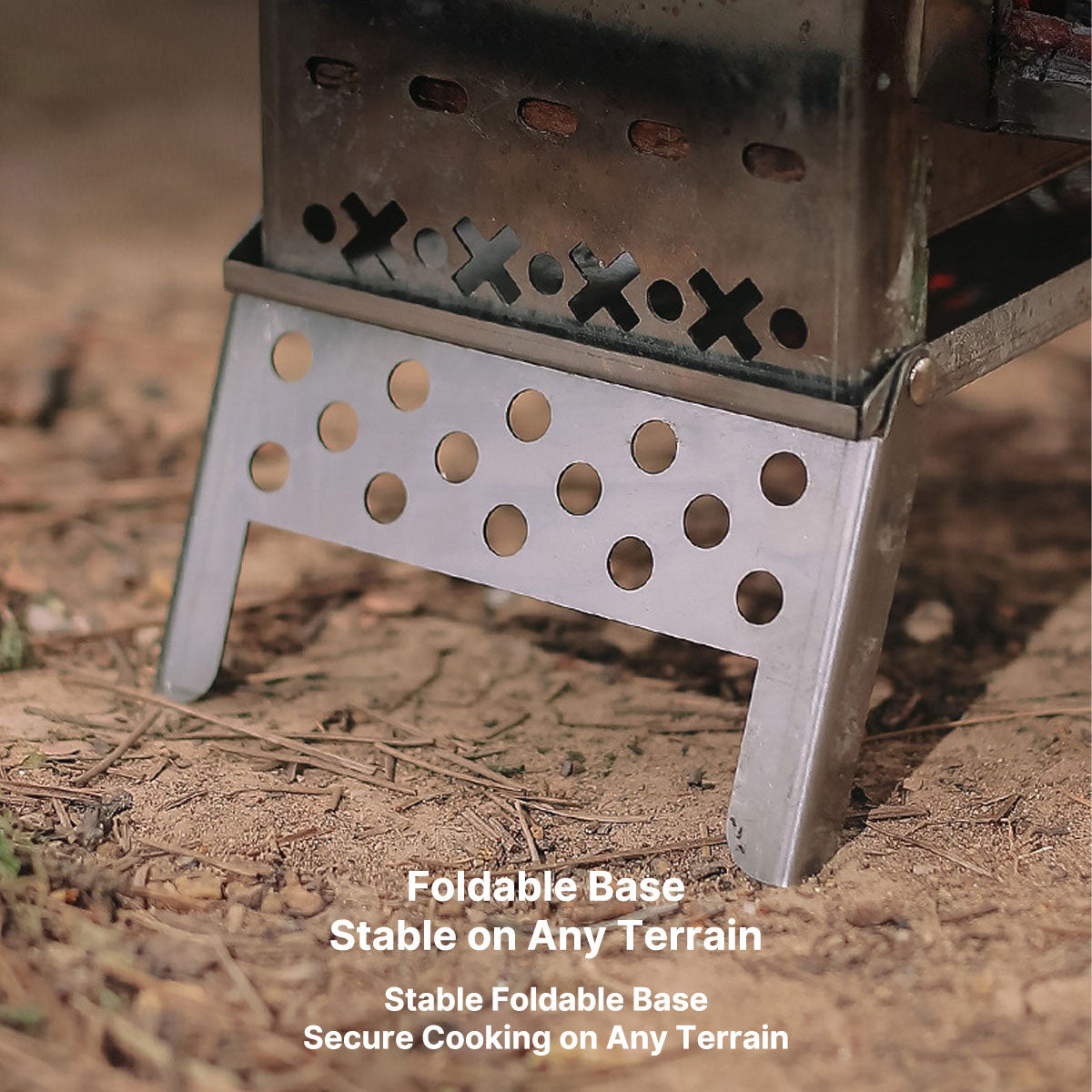Top-down view of a portable camping wood stove, highlighting its grill for outdoor cooking and BBQ.