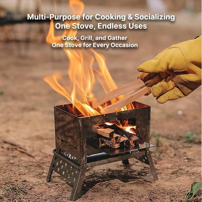 Backpacking wood stove, showing its compact size next to other camping essentials for easy portability.