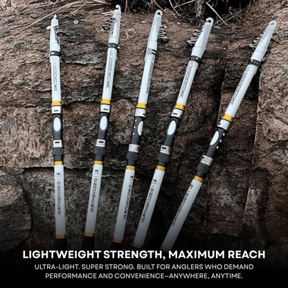 Compact telescopic carbon fiber fishing rod, ideal for camping and portable predator fishing gear.