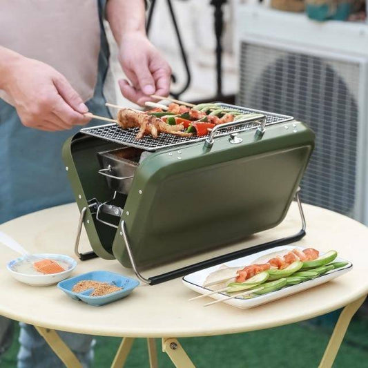 Portable charcoal BBQ grill, folding design, stainless steel for outdoor cooking & camping