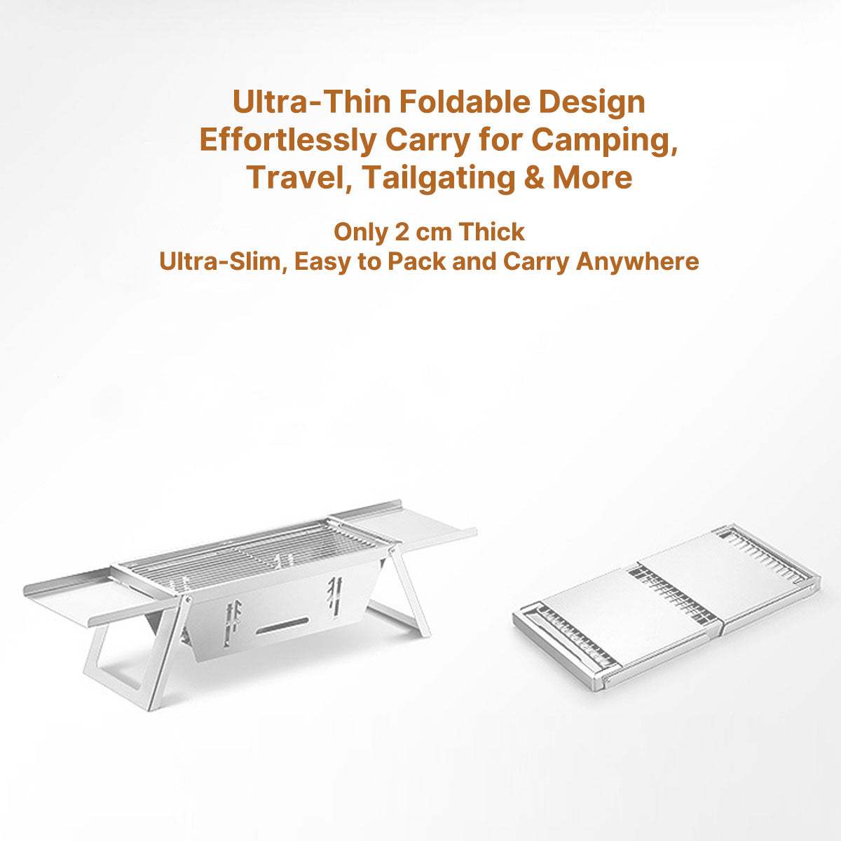 Foldable stainless steel charcoal grill, compact for easy transport and outdoor cooking.