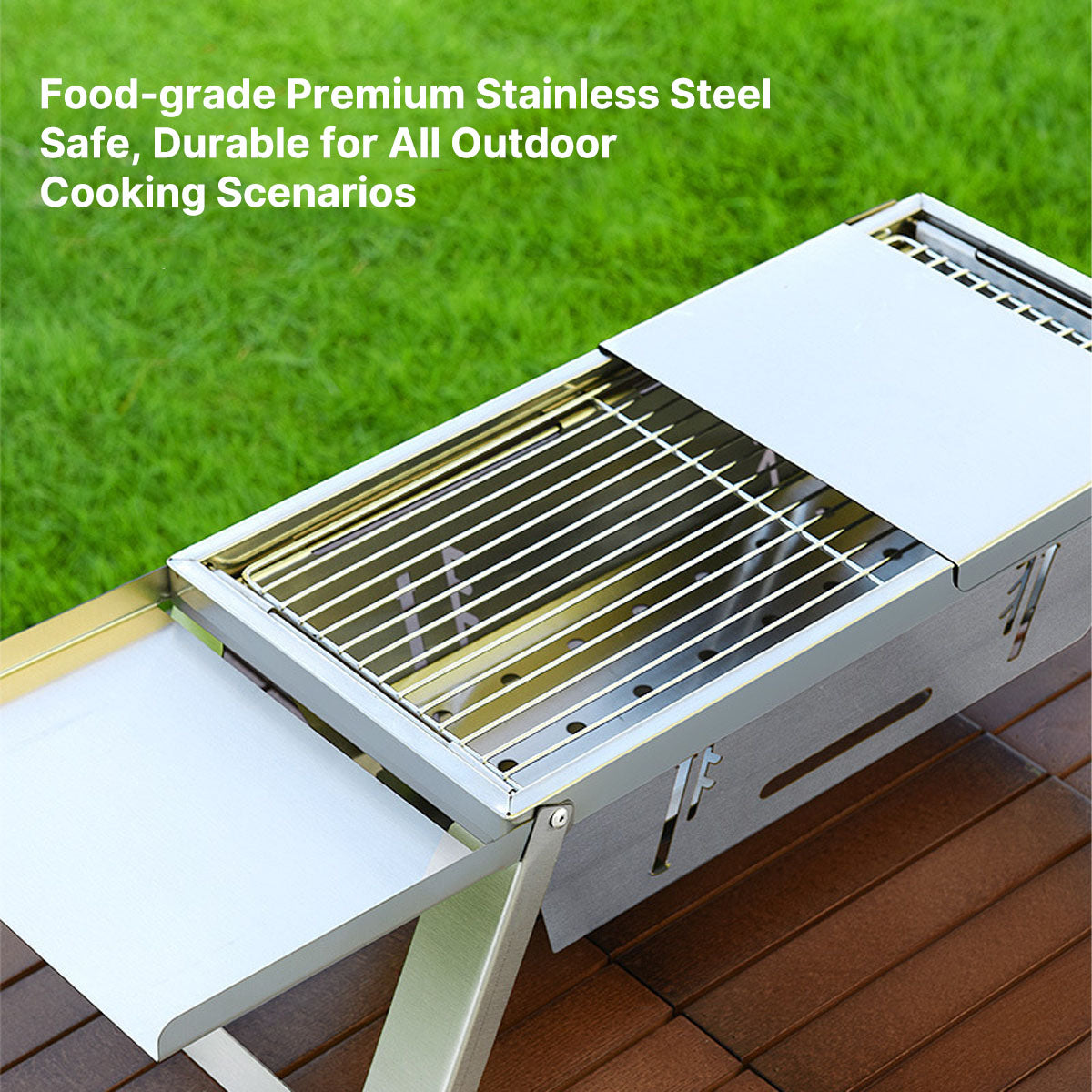 Compact charcoal grill, foldable and lightweight for outdoor adventures and backyard BBQ.