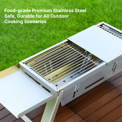Compact charcoal grill, foldable and lightweight for outdoor adventures and backyard BBQ.