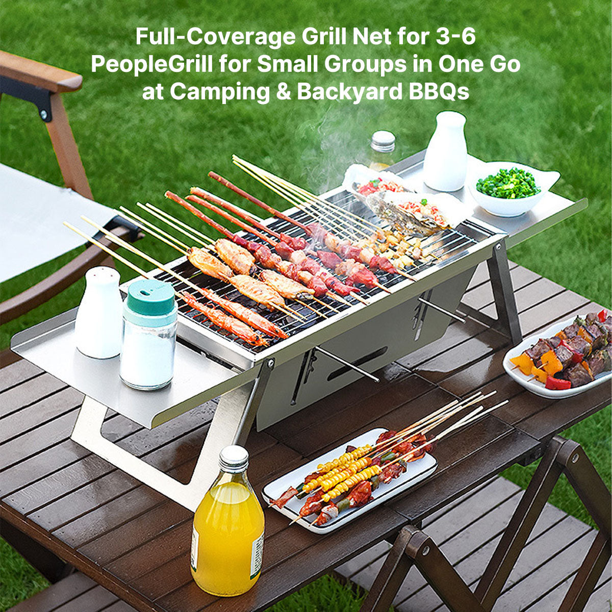 Camping charcoal grill, stainless steel portable design for easy setup and cooking on the go.