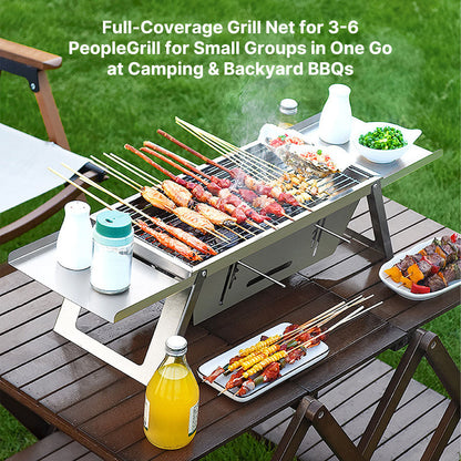 Camping charcoal grill, stainless steel portable design for easy setup and cooking on the go.