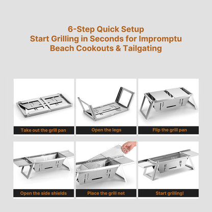 Travel-friendly charcoal grill, ultra-thin and easy to fold for outdoor grilling enjoyment.