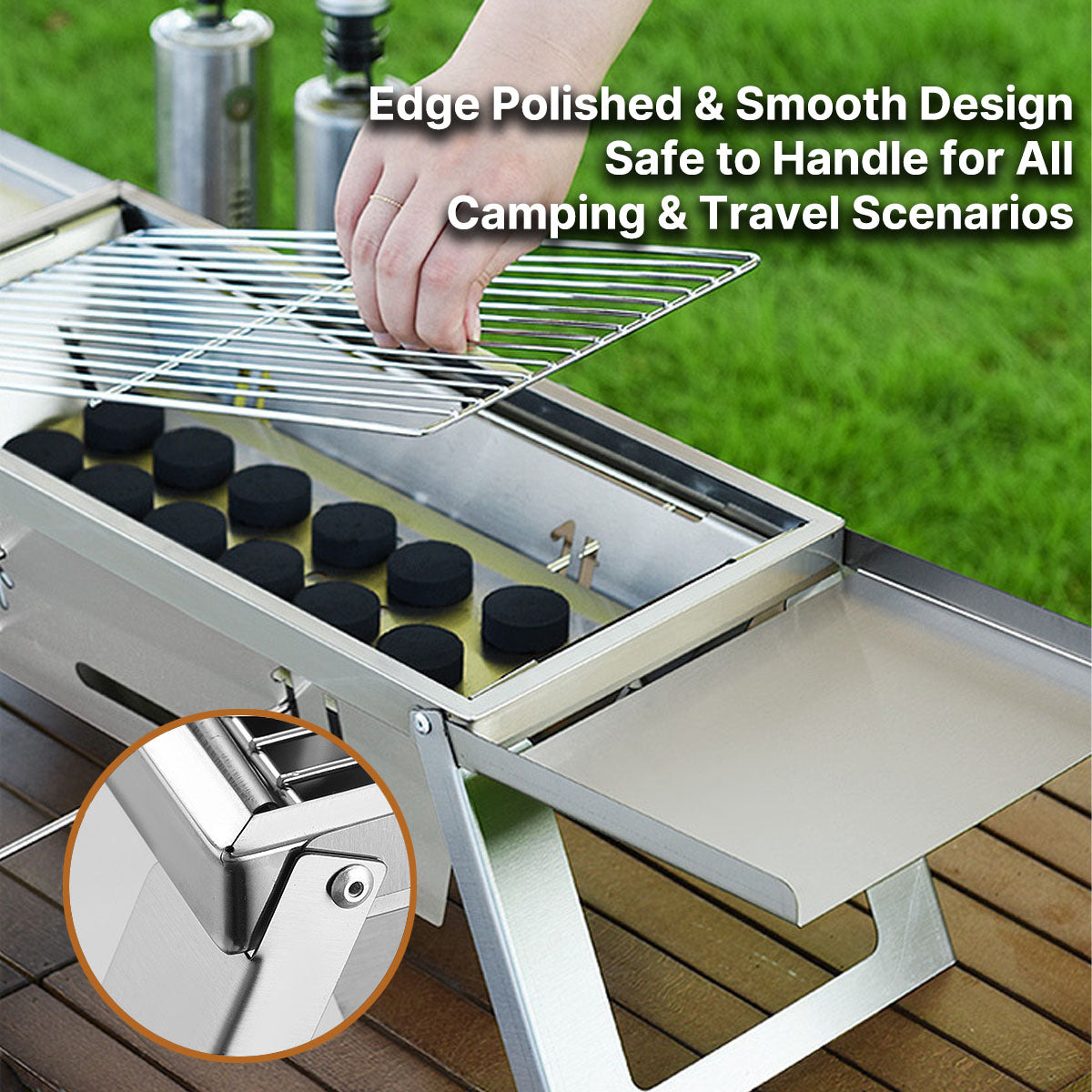 Stainless steel portable grill, foldable design makes it perfect for any outdoor cooking event.
