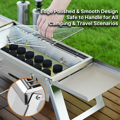 Stainless steel portable grill, foldable design makes it perfect for any outdoor cooking event.