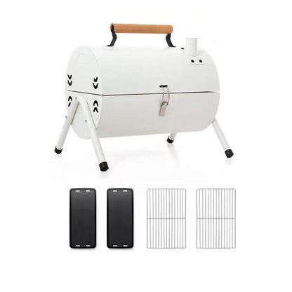 Folding travel charcoal grill with baking pan, ensuring versatile outdoor cooking options.