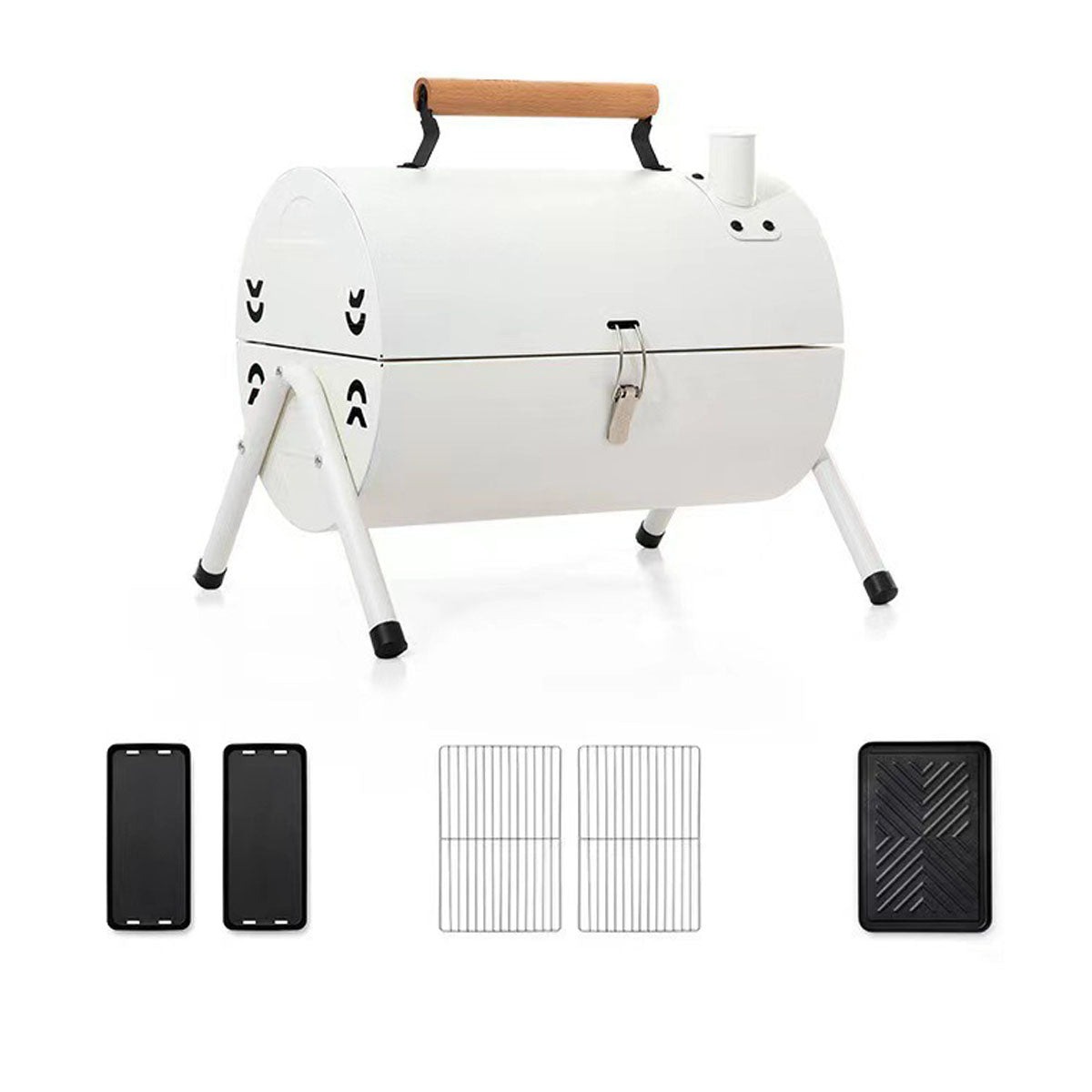 Compact charcoal BBQ grill, designed for easy transport and efficient camping cooking.