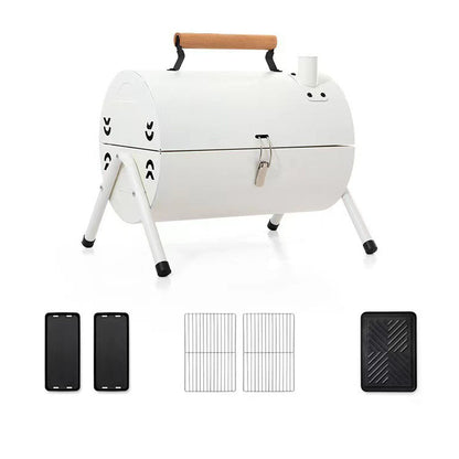 Compact charcoal BBQ grill, designed for easy transport and efficient camping cooking.