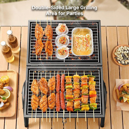 Compact charcoal grill with baking pan, perfect for picnic BBQs and camping trips.