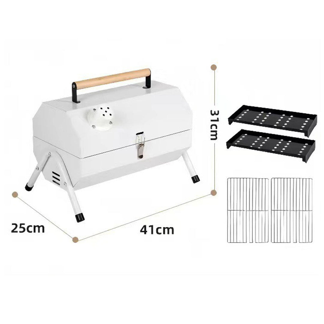 Camping charcoal grill unfolded, ready for grilling, showcasing its cooking surface.