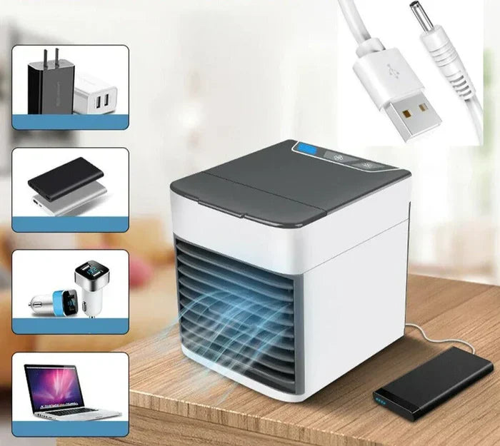 Multi-functional portable air cooler: mini AC, air purifier, desktop fan for personal comfort.
