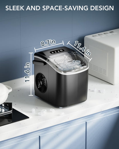 Compact ice machine for kitchen countertops. Ideal portable appliance for home bars & drink cooling.