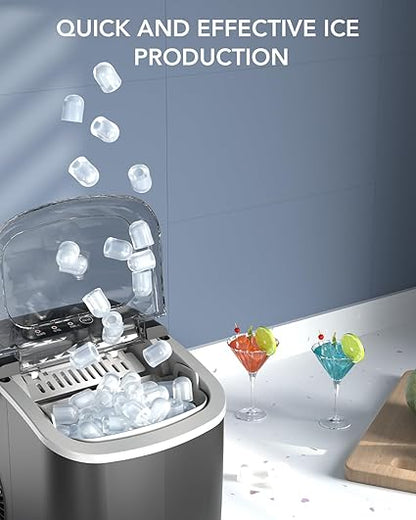 Automatic portable ice maker produces fresh, chewable ice cubes. Convenient for your kitchen or home bar.
