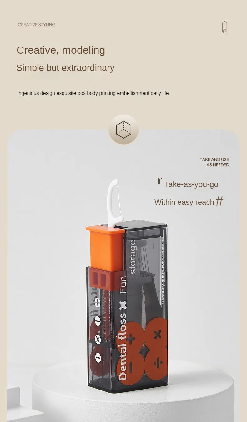 Compact dental floss dispenser for fresh breath. Features 10 auto-eject sticks for daily oral hygiene.