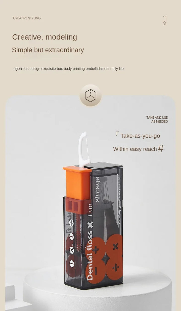 Compact dental floss dispenser for fresh breath. Features 10 auto-eject sticks for daily oral hygiene.