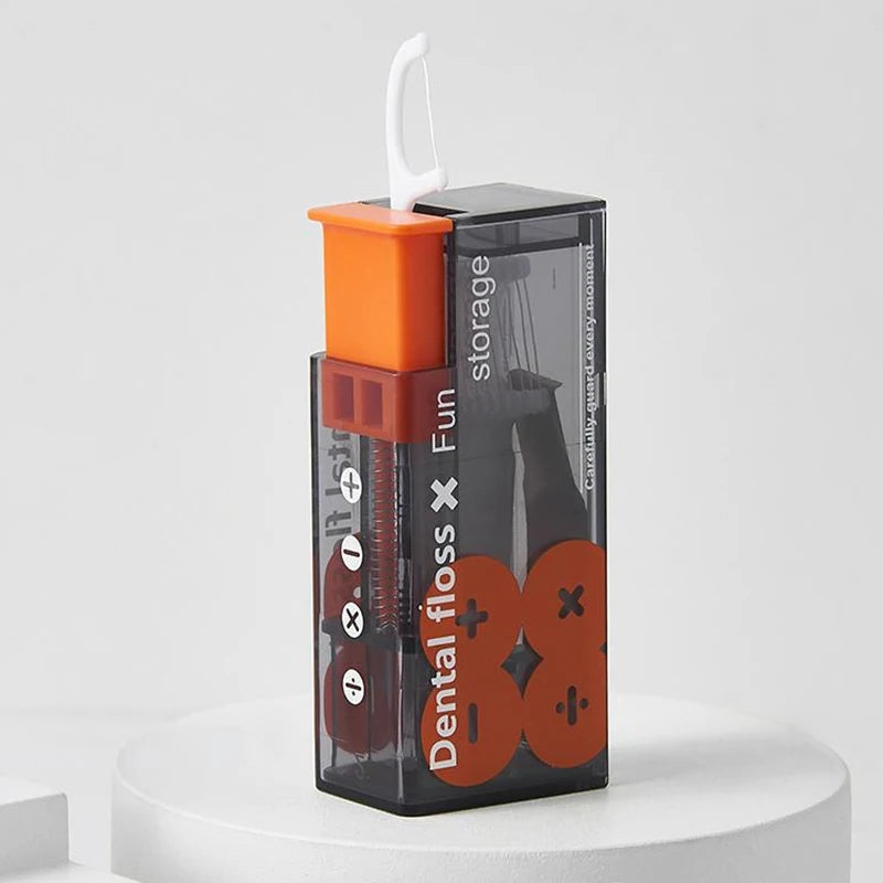 Complete portable dental floss kit with 10 easy auto-eject sticks. Perfect for travel & daily oral care.