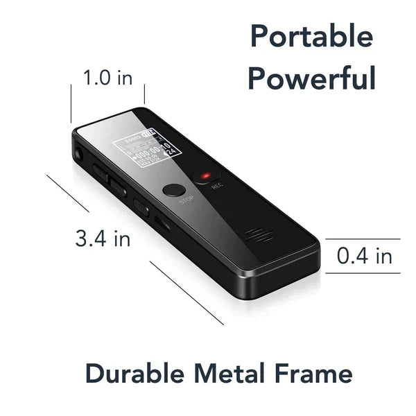 Slim portable voice recorder, rechargeable, with auto-save function for easy recording.
