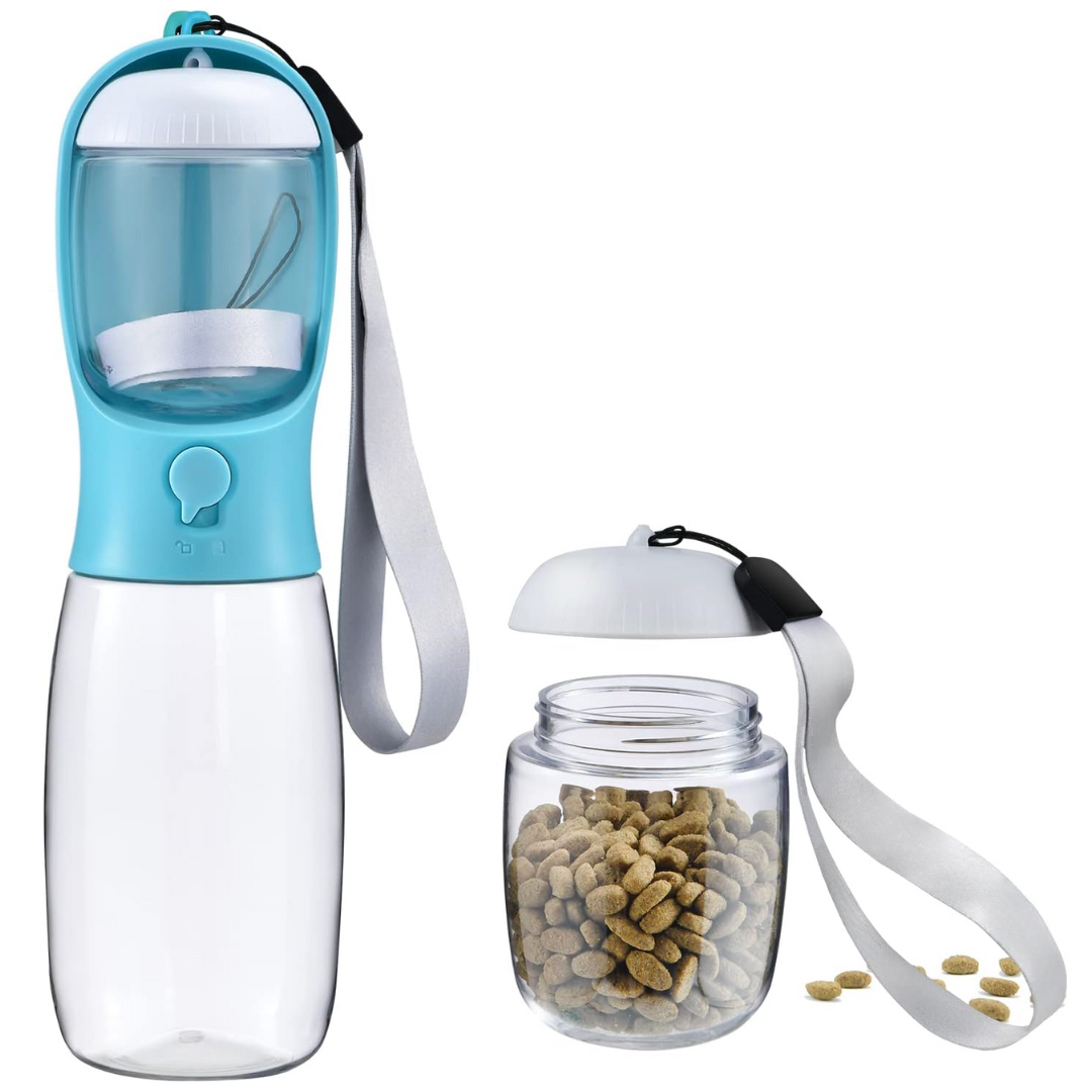 Portable dog water bottle & food container for travel. Leak-proof pet hydration & snack solution.