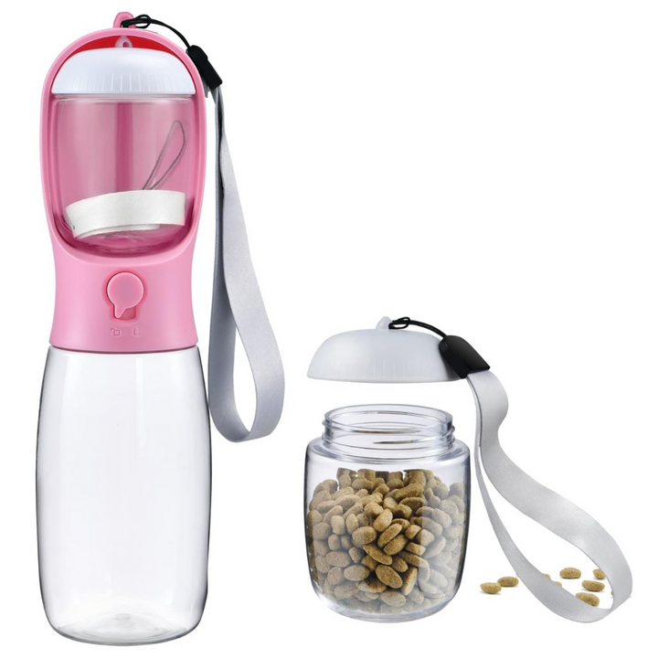 Ergonomic portable dog water bottle & food dispenser. Perfect pet travel gear for any adventure.