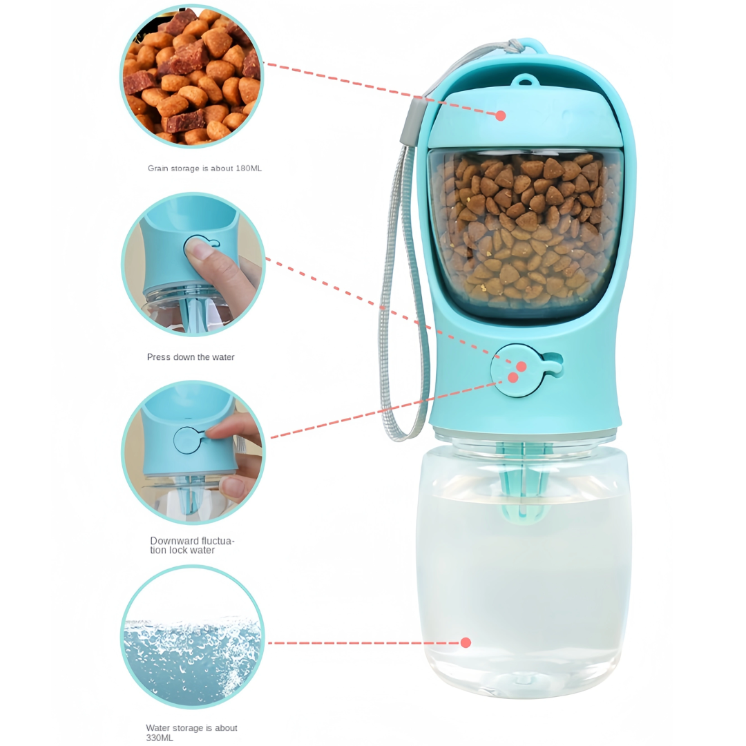 Durable portable dog water and food bottle. Essential pet supplies for outdoor activities & travel.