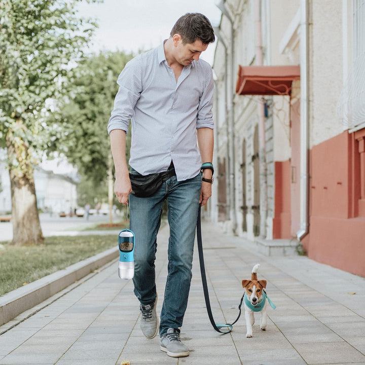 Smart design portable dog water bottle with food storage. Convenient for pet travel & daily use.