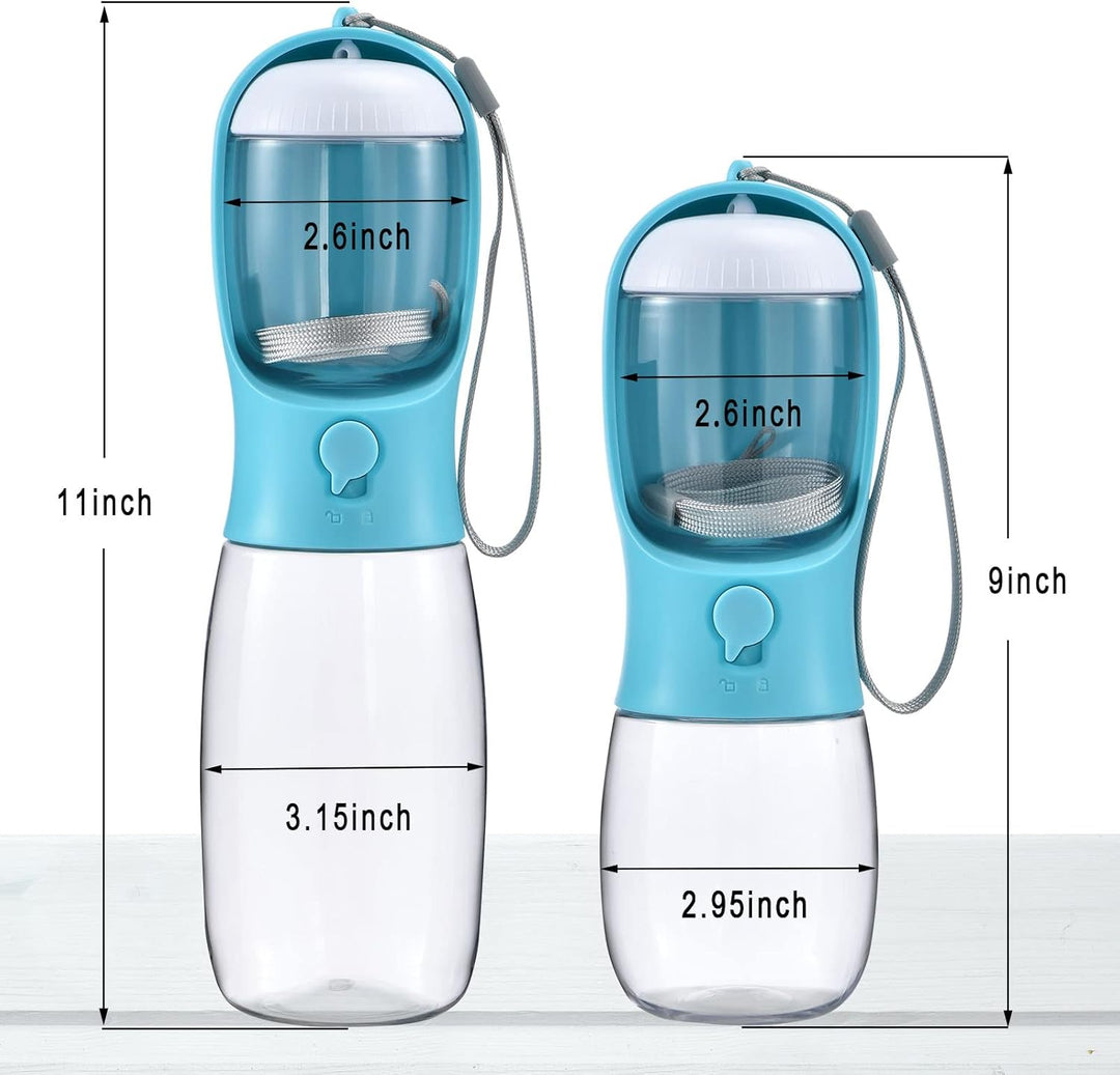 Easy-to-use dog water bottle with snack container. Ideal for travel, walks, and pet hydration.