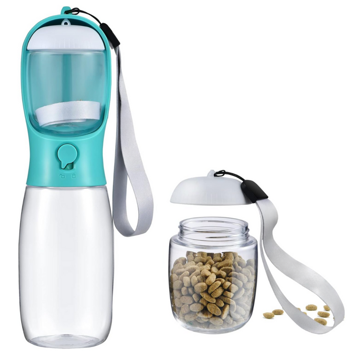 Unisex portable dog water bottle with integrated food dispenser. Ideal for pet travel & outdoor adventures.