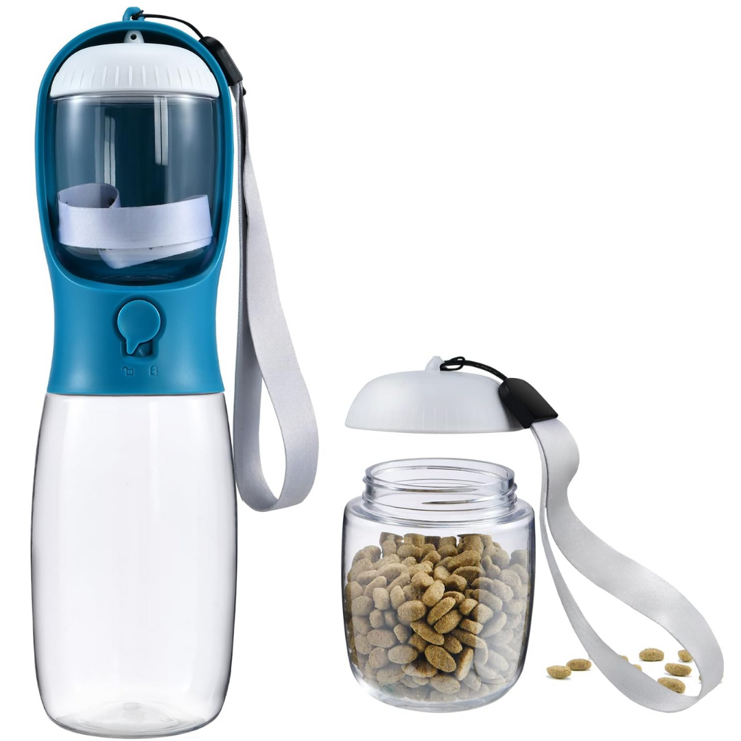Dog travel bottle: convenient water dispenser & food storage for pets on the go. Leak-proof design.