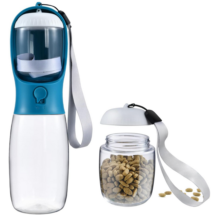 Dog travel bottle: convenient water dispenser & food storage for pets on the go. Leak-proof design.