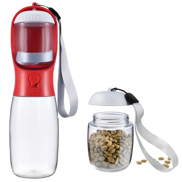 Leak-proof dog water bottle and food dispenser, 2-in-1 design for easy pet hydration & feeding outdoors.