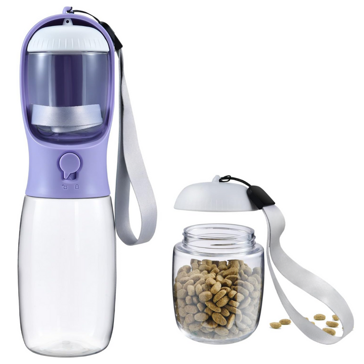 Outdoor dog water bottle with food storage. A must-have portable pet accessory for walks & trips.
