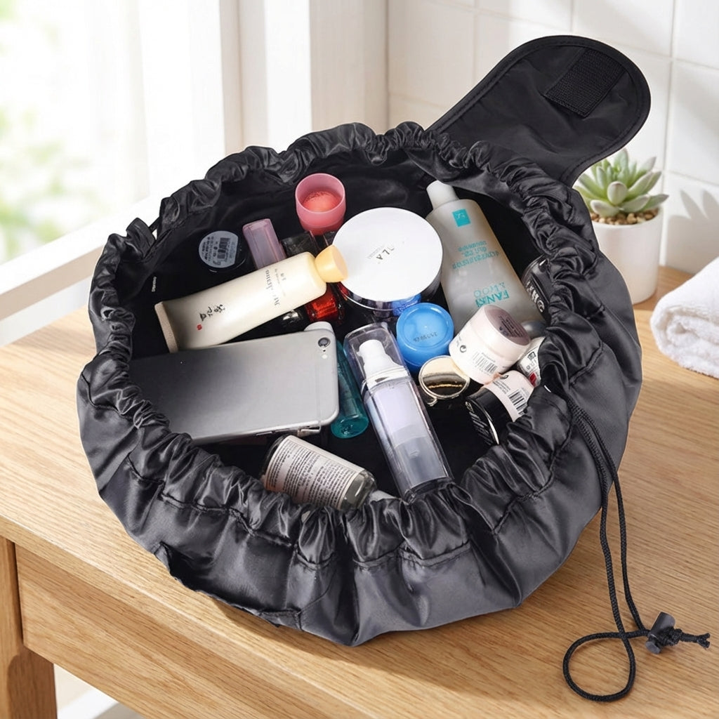 Portable drawstring cosmetic travel bag for women, perfect for makeup storage & beauty travel organization.