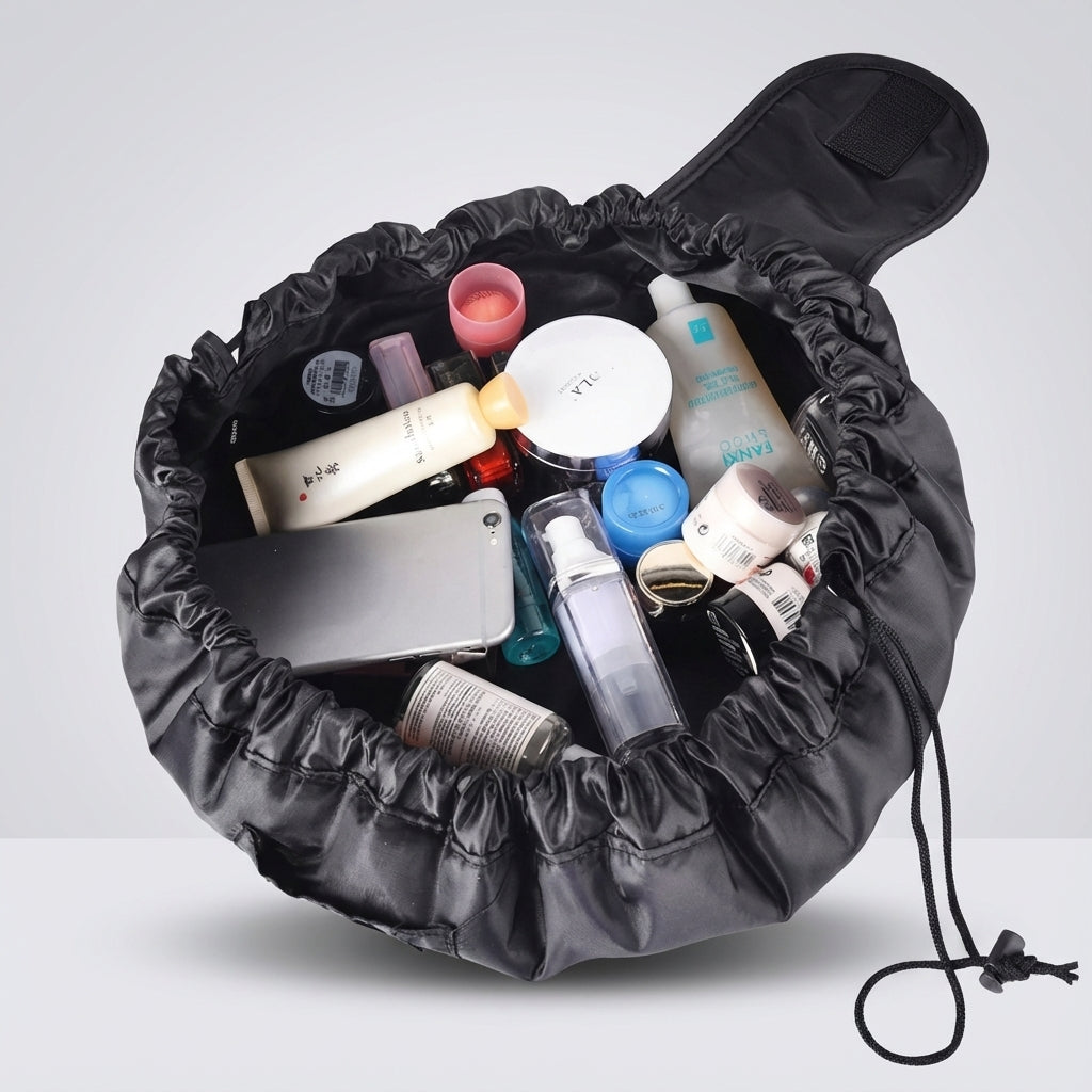 Women's drawstring cosmetic organizer, a flat lay travel bag for easy makeup and toiletry storage.